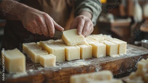 Artisan cutting handmade soap blocks in workshop