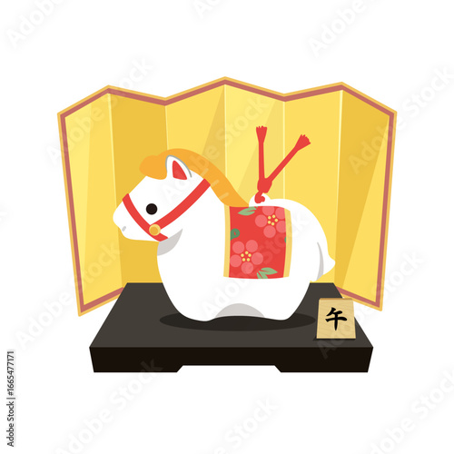 金屏風に午(馬)の置物のイラスト