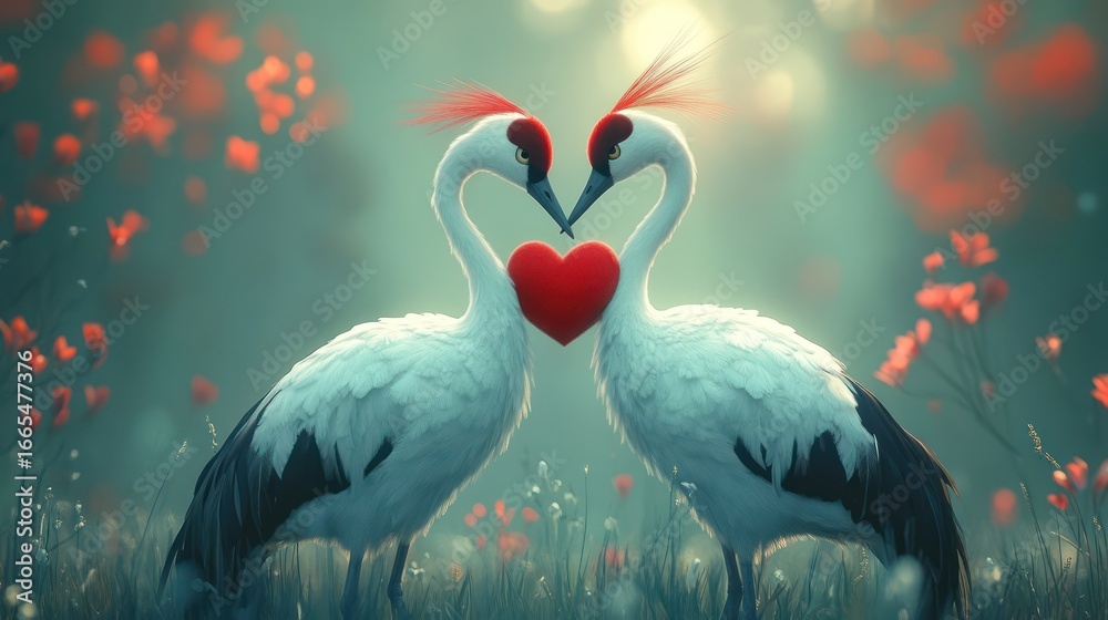 Fototapeta Loving cranes heart meadow sunset romance