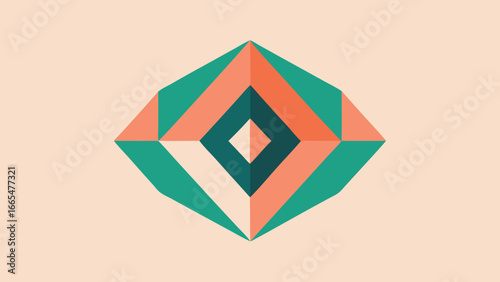 Geometric Diamond Shape with Coral and Teal Accents on Pale Peach Background abstract