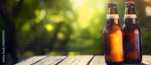 Two Cold Beer Bottles on Wooden Table Outdoor Summer Background