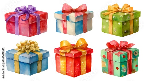 Festive Watercolor Christmas Gift Boxes Collection Isolated on White Background