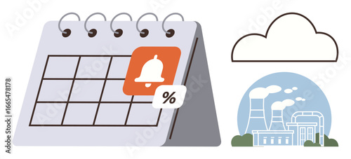 Architectural calendar with alert and percentage tag, depicting industrial plants with emission cloud. Ideal for environmental awareness, industry alerts, scheduling, pollution impact
