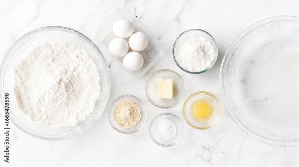 Fototapeta premium Baking Ingredients Arranged on a Marble Surface
