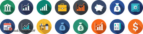 16 circular flat design icons with vibrant financial and business themes on dark blue gradient background