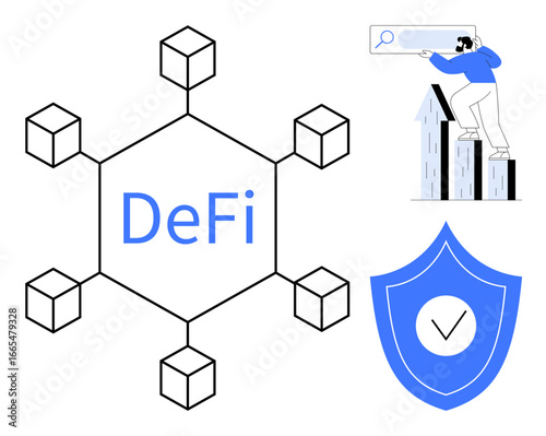 Blockchain network with DeFi, user analyzing growth chart, shield with checkmark. Ideal for finance, blockchain, security, investment, data protection innovation technology. Simple flat metaphor