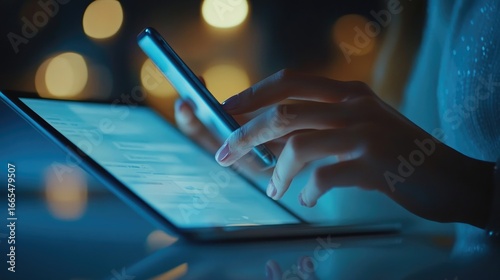 Close up of businesswoman hand using mobile phone: Searching information during online working on laptop computer and digital tablet on office table, internet networking, business planning.