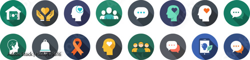 Set of 16 circular icons with vibrant colors representing health, communication, and support themes