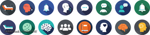 Set of 16 circular icons with vibrant colors representing relaxation, communication, mental health, and social interaction