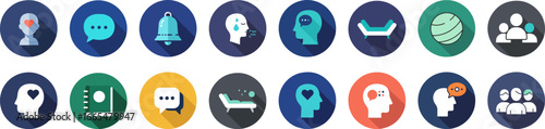 Set of 16 flat circular icons with vibrant colors representing communication, health, and interpersonal connections