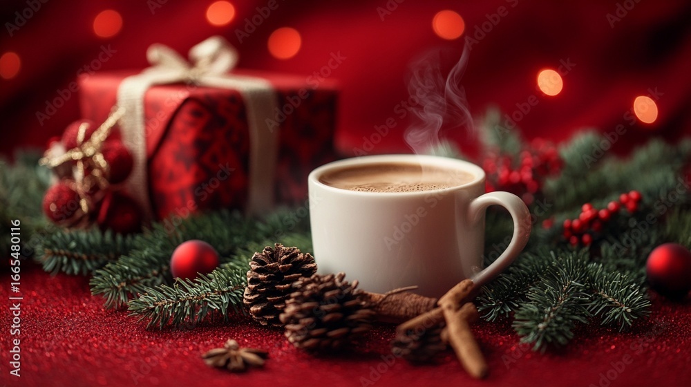 custom made wallpaper toronto digitalWarm and inviting, this festive scene features a steaming cup of coffee surrounded by pine cones, cinnamon sticks, and holiday decorations, perfect for cozy winter vibes.