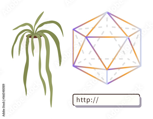 Hanging plant with long leaves, polyhedral 3D geometric shape with gradient accents, and a webpage address text box. Ideal for technology, nature, innovation, connection, geometry, creativity simple