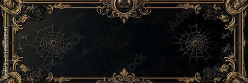 Halloween black gold frame with spiderwebs and pumpkin background design