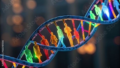 A vibrant DNA strand features colorful silhouettes of people, symbolizing the connection between genetics and human diversity.