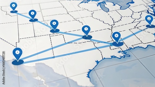 A digital map displaying a route with blue markers, indicating locations across the United States, emphasizing a travel or logistic theme.