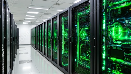 Server Room with Glowing Green Lights