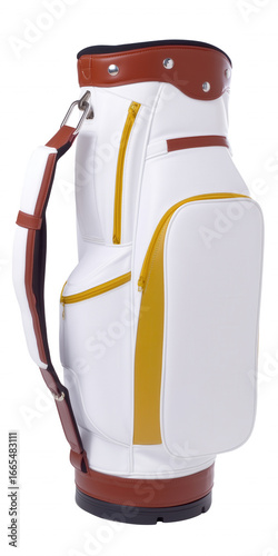 Premium golf bag with white, yellow, and brown accents on transparent background