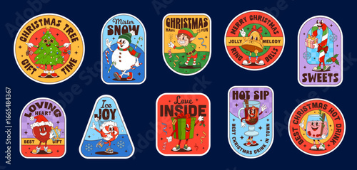 Christmas groovy label stickers, winter holiday patches set. Festive retro badges with cartoon Xmas tree, snowman, elf, candy cane, heart, drinks and gifts with joyful faces, cheerful wintertime vibes