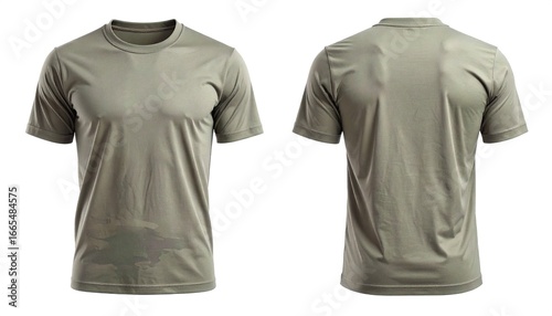 Olive green t shirt displayed front and back on a white background