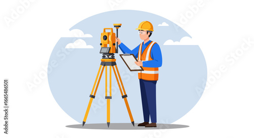 Expert surveyor in safety vest and hard hat operates a total station, conducting precise land measurements for construction, engineering, and urban development projects