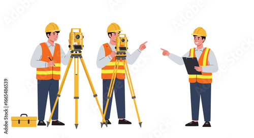 Three surveyors in hard hats and safety vests working with surveying equipment on a white background.