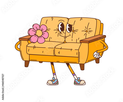 Cartoon cheerful retro sofa groovy furniture and interior character with expressive eyes, arms, legs in sneakers, and pink flower on the side. Vector funky personage with nostalgic vintage y2k vibe