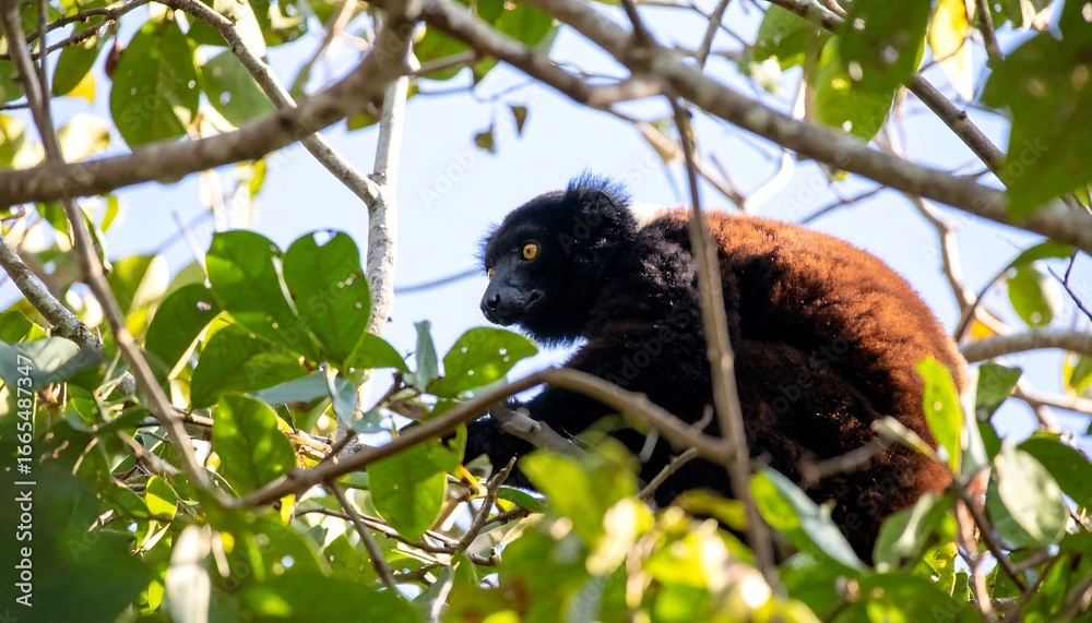 Obraz premium A lemur, dark brown and black furred, perches high in a lush tropical tree canopy.