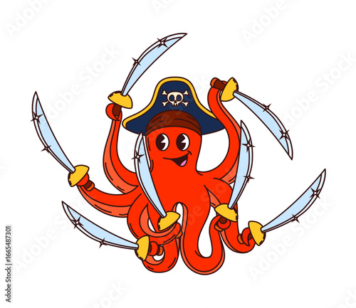 Cartoon octopus animal pirate and corsair ship crew character. Isolated vector funny kraken captain personage brandishing sabers, its tentacles swirling with mischief, ready for a nautical adventures