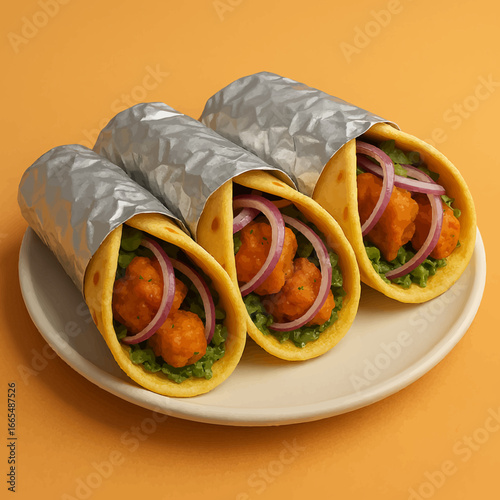 Delicious kathi roll chicken tikka wraps ready to enjoy for a quick lunch or tasty dinner, served with fresh salad and onions for a healthy meal