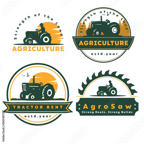 Vector vintage agriculture logo set featuring tractor illustrations, farmland elements, and retro design style. Perfect for farming, tractor rent, agricultural business, organic products, and rural br