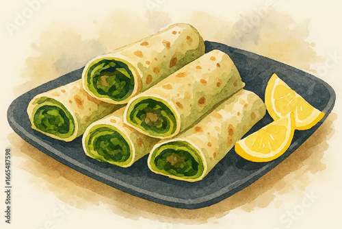 Delicious kathi roll spinach wraps with a bright lemon garnish, perfect for a light lunch or healthy snack anytime, a culinary delight and visually appealing treat