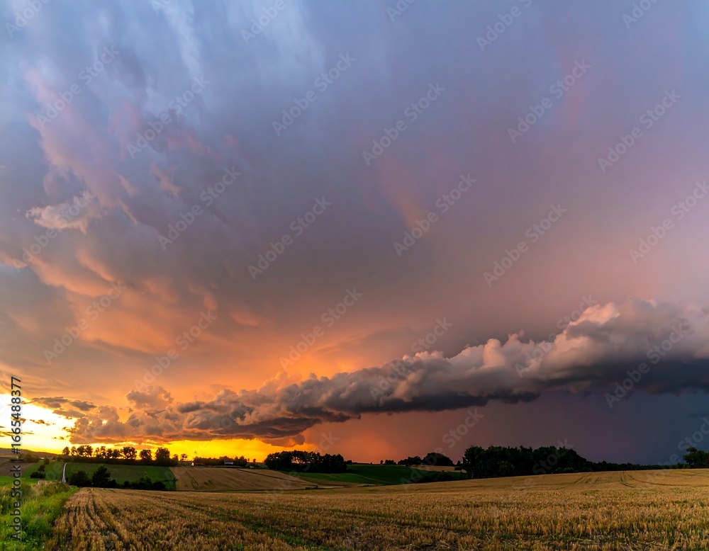 Obraz premium Dramatic sunset over a field with storm clouds