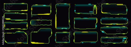 Neon cyberpunk game HUD interface, vector UI elements. Future cyber tech frames, digital text boxes and screens. Sci Fi game modern dashboard panel frame borders with neon cyberpunk pattern