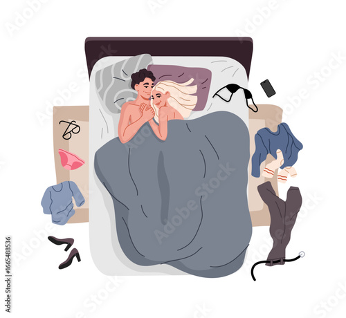 Couple lying in bed embracing, with scattered clothes around. Vector flat scene captures comfort, closeness and love relationships, emphasizing the shared moment and elements of coziness and intimacy
