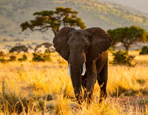 A magnificent African elephant with massive tusks and ears roams the savannah on a safari adventure, a true symbol of nature's wild pachyderms