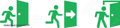 Emergency Exit Icon Set – Green Door and Running Man Safety Vector. Green evacuation exit sign icon set, showing direction to safe area, fire exit symbols.