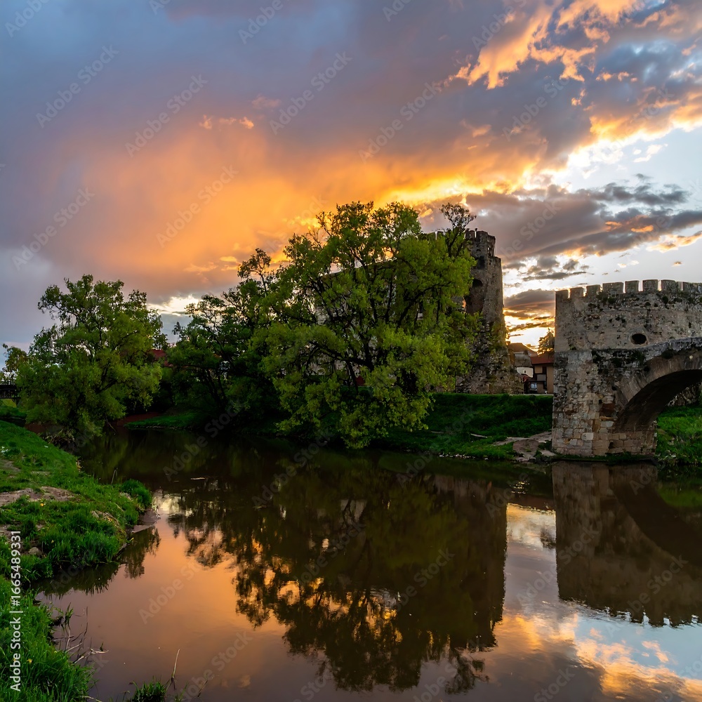 Fototapeta premium Dramatic sunset over a river and castle