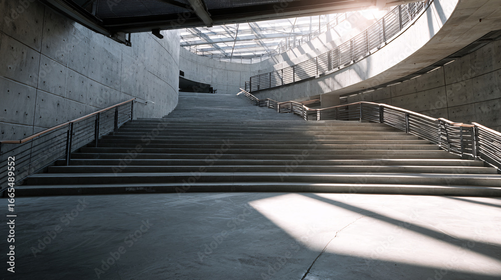 Obraz premium Wide-angle view of modern public building with integrated accessibility ramp, smooth concrete surface, minimalist design