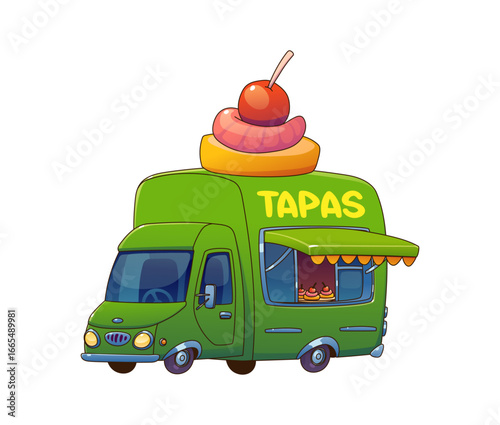 Cartoon tapas food truck car, festival street foodtruck van. Vector green vintage auto cafe with large skewer of sausage and cherry on top, has an open serving window displaying small appetizer plates