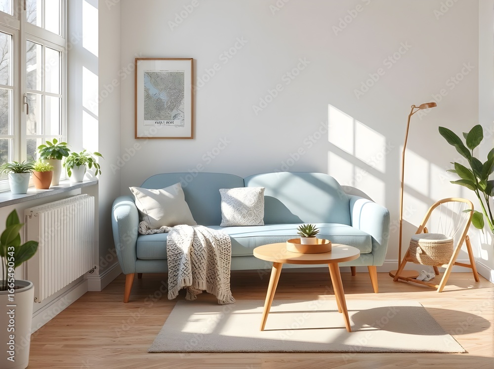 Fototapeta premium Light Blue Sofa Living Room Interior Design: Modern Home Decor Inspiration