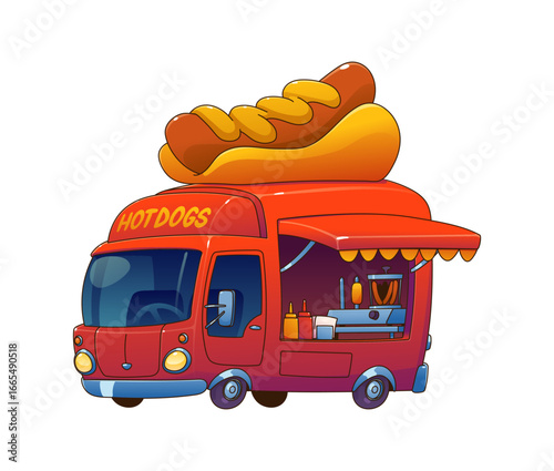 Hot dog food truck car, festival street foodtruck van in red color with a giant hotdog on top. Cartoon vector retro vehicle features an open service window, condiments, a cooking area, and a awning