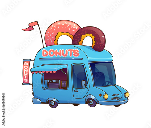 Cartoon street food donut truck, vintage festival foodtruck. Isolated vector blue van with a serving window and bakery equipment offering sweet treats, and desserts. Mobile vending and pastry service