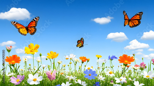Vibrant scene of lush green field with wildflowers and butterflies under clear blue sky, evoking sense of joy and tranquility