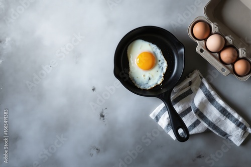 Fried egg in a small skillet with eggs and a striped towel on a gray surface