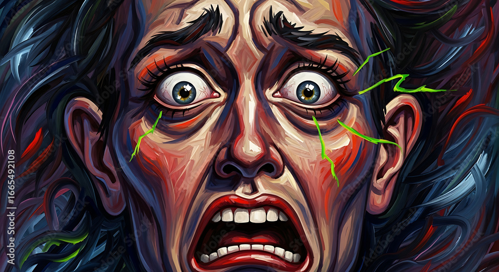 Naklejka premium A close-up illustration of a woman's face expressing intense fear and distress, with visible signs of shock.