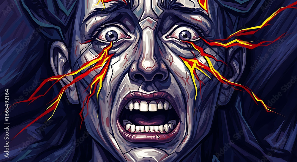 Naklejka premium A stylized digital illustration depicts a distressed face with wide eyes and an open mouth, fire-like streaks emanating from the eyes.