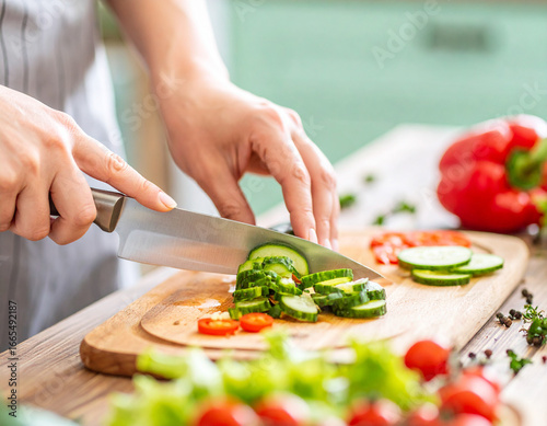 Woman's Hands Chopping Fresh Cucumbers and Vegetables on Wooden Cutting Board
