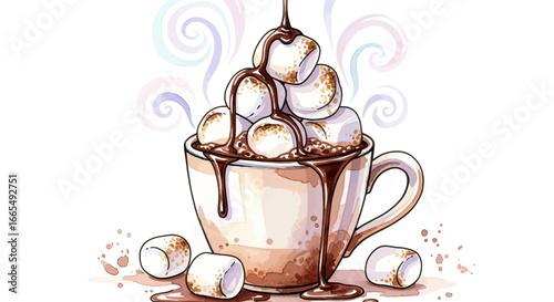 Watercolor illustration of a delicious warm drink generously topped with fluffy marshmallows and rich chocolate drizzle, evoking a cozy and sweet indulgence
