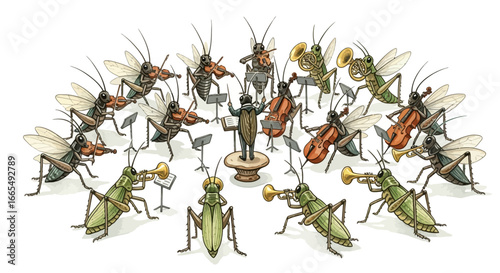 A whimsical illustration of a full orchestra of insects, with crickets and grasshoppers playing musical instruments together in a symphony