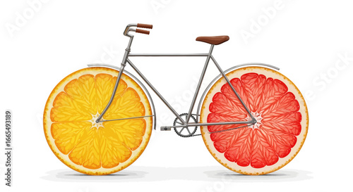Creative bicycle with wheels made from fresh orange and grapefruit slices, representing a healthy, active, and eco-friendly lifestyle concept